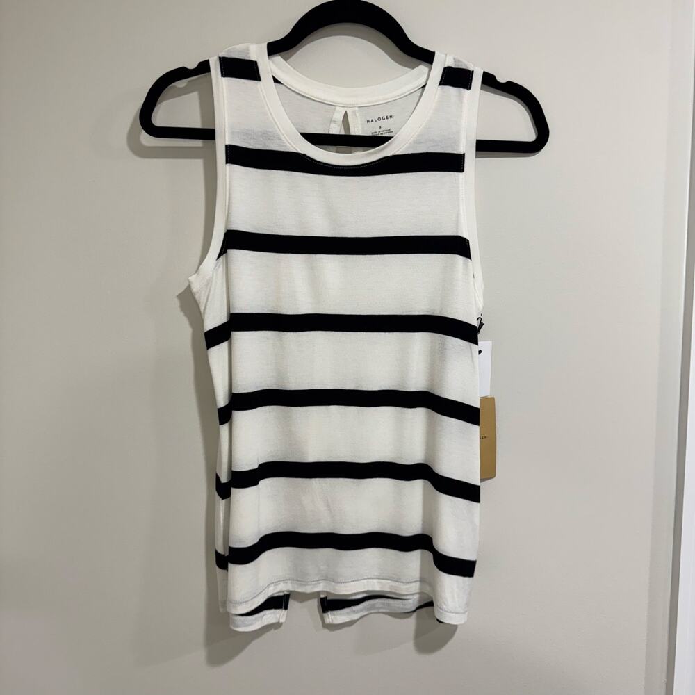 Halogen Womens White Black Striped Tank Sleeveless Blouse Crew Neck Size Small